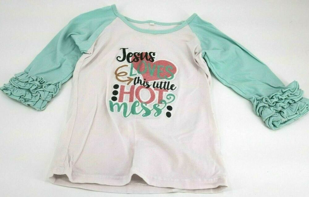 Unbranded Girls Shirt Long Sleeve Casual Ruffle Aqua White No Size/Brand Tag
